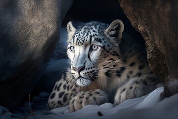 Majestic white jaguar or leopard hiding in the snowy rocks. Photorealistic generative art