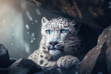 Majestic white jaguar or leopard hiding in the snowy rocks. Photorealistic generative art