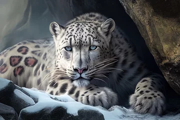 Foto op Plexiglas Majestic white jaguar or leopard hiding in the snowy rocks. Photorealistic generative art © Cheport