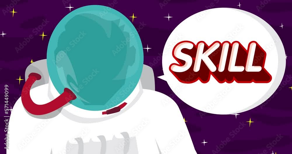Poster astronaut saying skill in space with speech bubble. abstract cartoon animation. 4k hd format resolut
