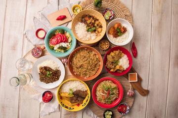 Assorted food plates Peru traditional comfort food buffet table