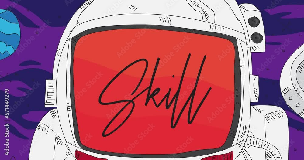 Poster astronaut in space with skill text on his helmet. abstract dancing line cartoon animation. 4k hd for