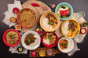 Assorted food plates Peru traditional comfort food buffet table