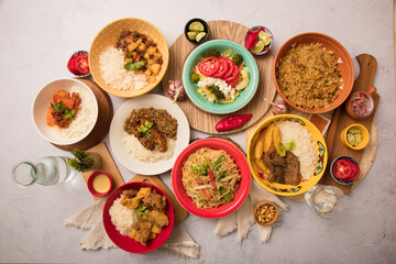 Assorted food plates Peru traditional comfort food buffet table