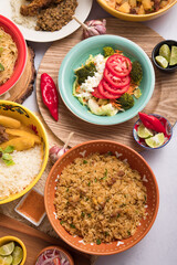 Assorted food plates Peru traditional comfort food buffet table