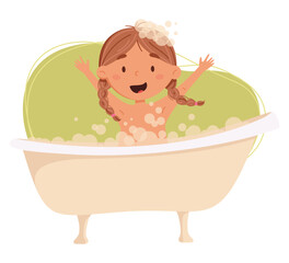 Naklejka premium Cute girl with two pigtails washes in the bathroom vector illustration. Child having fun in a bubble bath. Daily routine. Schedule. Illustration on abstract background