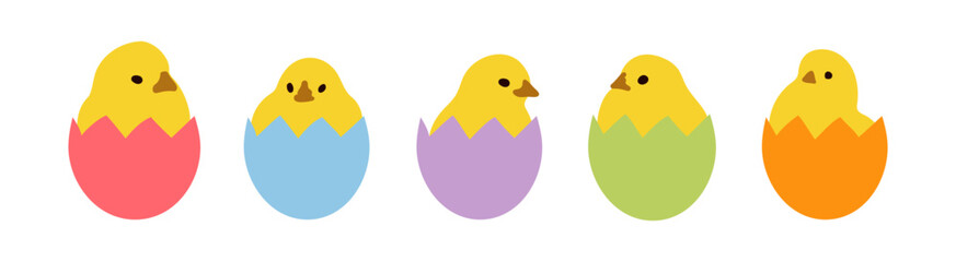 Cute baby chickens in pastel color eggshell. Five funny yellow chicks in simple clear minimalist style. Spring Easter concept. Vector clip art illustration.