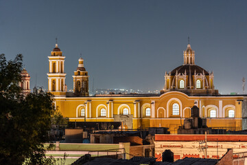 Beautiful night view of the city of Puebla in Mexico. San Cristobal Church.