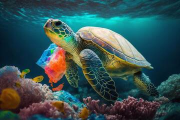 Fototapeta premium Turtle With Plastic Bags, The Tragic Consequences of Plastic Pollution - Threat to Ocean Life and Coral Reef Ecosystems With Generative AI