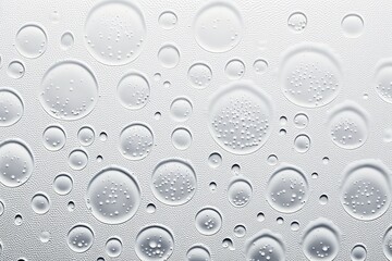 Top view of water drops on a white background. Room for text. Generative AI