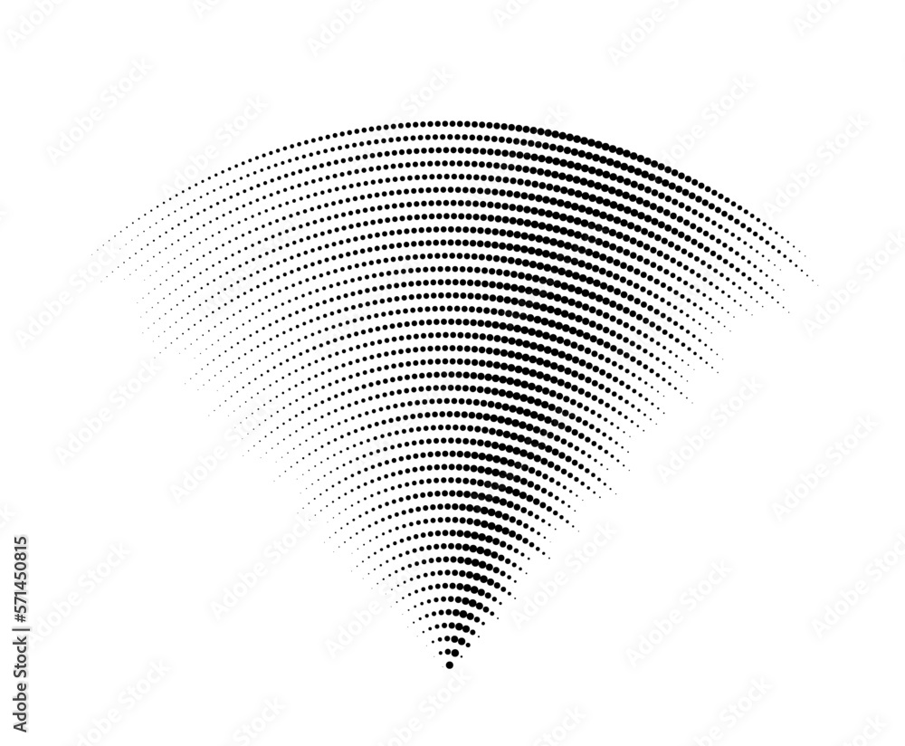 Poster Dotted sound wave signal. Radio or music audio concept. Epicentre or radar icon. Textured radial signal or vibration elements. Impulse curve lines. Concentric ripple semi circles.