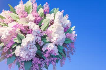 Lilac flowers against a blue background with empty space for text. Generative AI.