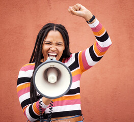 Megaphone, fight or black woman shouting in speech announcement for politics, equality or human...