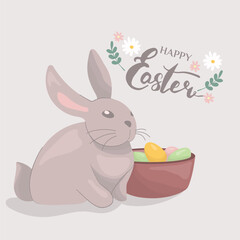 Cute gray bunny character admiring the Easter egg. Colorful flat illustration. Cartoon character rabbit easter concept for print, t-shirt, design, sticker and decorating