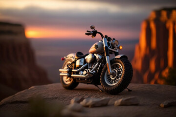 Obraz na płótnie Canvas Photorealistic ai artwork of a classic-looking motorcycle parked on top of a clifftop. Generative ai.
