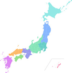 分割できるカラフルな日本地図のシルエットイラスト（県境入り）