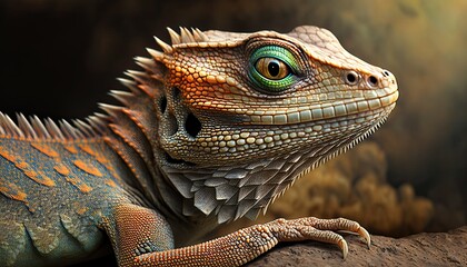 Obraz premium Close-up of bearded dragon lizard. Detail face of reptile. Cute iguana dragon with scales.