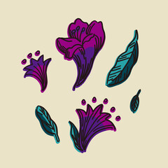 Flowers and leaves doodle drawing - Vector