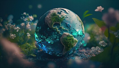 Earth Day. Abstract planet earth as a tiny marble near growing flowers and seedlings. Precious mother planet. Climate change and conservation.