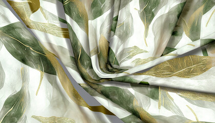 abstract double gauze fabric pattern. neutral tones, green leaf with gold and white color, desaturated colours, feminine organic shapes. Generative AI