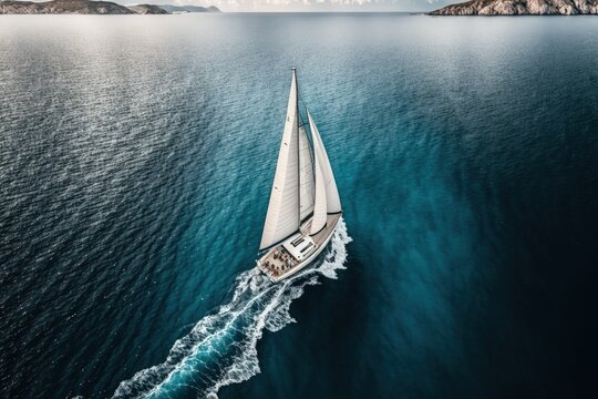 An aerial drone took this incredibly wide panorama photo of a lovely sailboat with white sails sailing in the Mediterranean. Generative AI