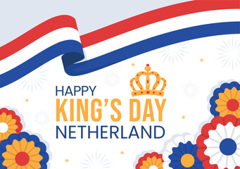 Happy Kings Netherlands Day Illustration with Waving Flags and King Celebration for Web Banner or Landing Page in Flat Cartoon Hand Drawn Templates