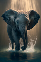 Fototapeta na wymiar Photo portrait of a baby elephant splashing in water
