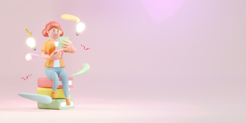 Cartoon character woman reading a book. education concept, 3d illustration