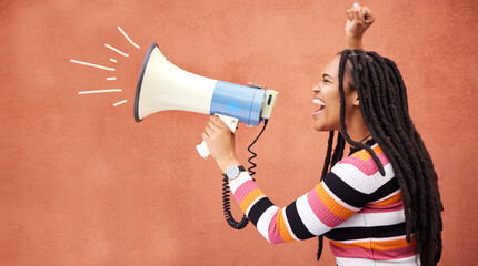 Megaphone, anger or black woman in protest with speech announcement for politics, equality or human...
