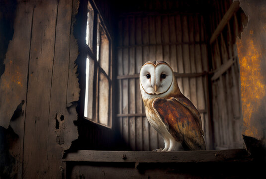 Photo portrait of an Owl in a barn