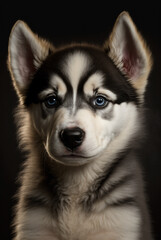 Close up Portrait photo of a siberian husky puppy with blue eyes
