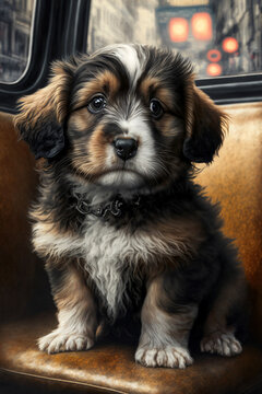 Portrait Photo of a Moodle Puppy on a London bus