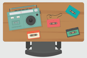 tape recorder cassette player with audio cassettes on a table flat vector 90s 80s memories nostalgia