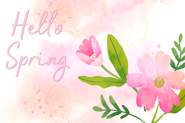 Happy Spring. Welcome spring background with floral blossom. Vector Illustration. 