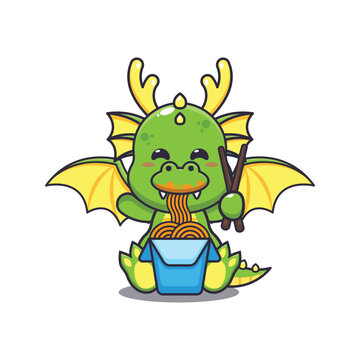 Cute dragon eating noodle cartoon vector illustration. Vector cartoon Illustration suitable for poster, brochure, web, mascot, sticker, logo and icon.