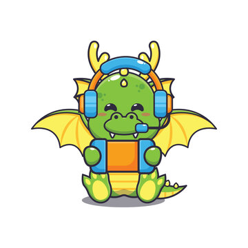 Cute dragon play a game cartoon vector illustration. Vector cartoon Illustration suitable for poster, brochure, web, mascot, sticker, logo and icon.