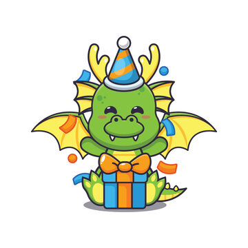 Cute dragon in birthday party cartoon vector illustration. Vector cartoon Illustration suitable for poster, brochure, web, mascot, sticker, logo and icon.