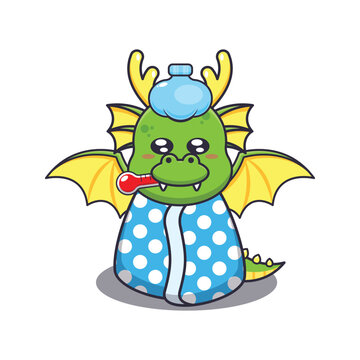 Cute dragon sick cartoon vector illustration. Vector cartoon Illustration suitable for poster, brochure, web, mascot, sticker, logo and icon.