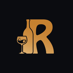Letter R Logo With Wine Bottle Design Vector Illustration On Black Background. Wine Glass Letter R Logo Design
