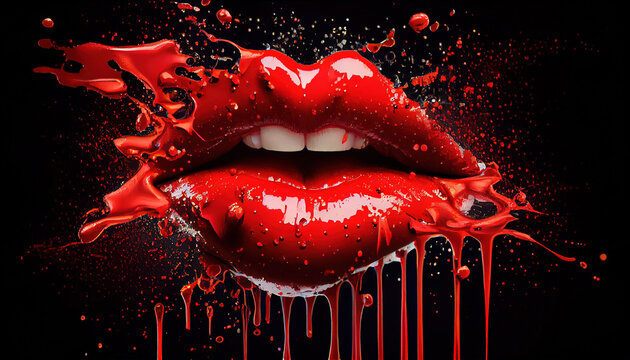 Women Lips with Colorful Splashes Red and Gold Paint Glossy Colored Lips on a Moody Background AI Generative  