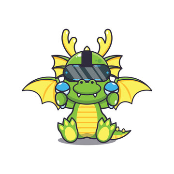 Cute dragon playing virtual reality cartoon vector illustration. Vector cartoon Illustration suitable for poster, brochure, web, mascot, sticker, logo and icon.