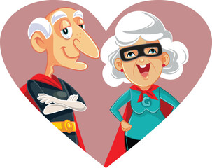 Superhero Grandparents Smiling from a Heart Shape Vector Cartoon Illustration. Strong elderly people having a relationship for a long time wearing capes 
