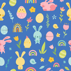 Obraz na płótnie Canvas Cute seamless pattern with easter bunny and eggs