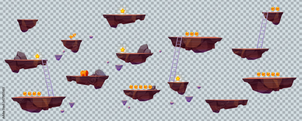 Poster flying rock islands vector game landscape isolated elements. cartoon floating platform for arcade vi