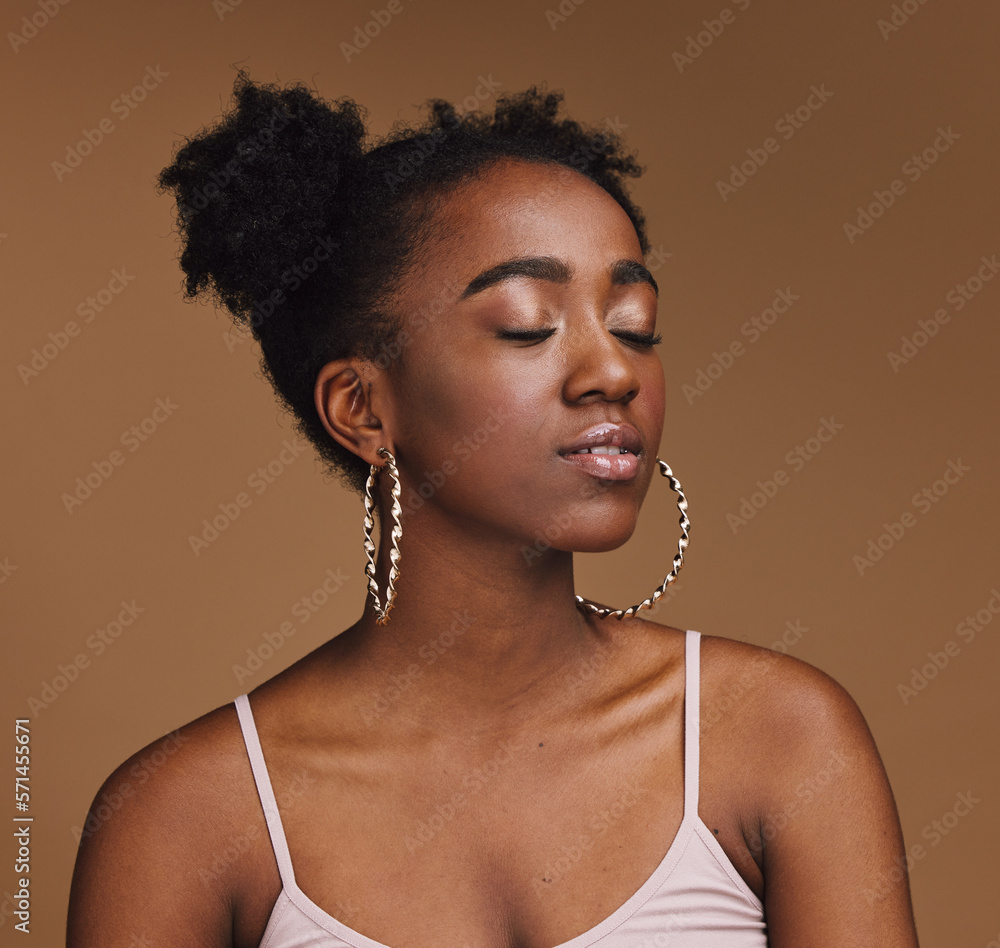 Sticker Makeup, beauty and black woman in studio for wellness, cosmetics and skincare on brown background. Glamour, aesthetic and girl relax with luxury, treatment and skin pamper routine while isolated