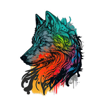 Animal Wolf Design Elements Isolated Transparent Background: Colorful Mystic Graphic, Clear Alpha Channel for Overlays Web Design, Digital Art, PNG Image Format generative AI