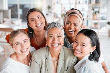 Fototapeta na wymiar Teamwork, portrait or business women with smile, solidarity or goals together in a corporate modern office. Staff diversity, collaboration or happy people in a global advertising or marketing company