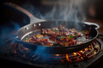 close-up shot of a frying pan with bacon (AI Generated)