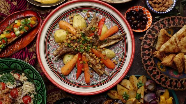 Rack of Lamb cooked in a tagine with chickpeas and vegetable. Ramadan food. Authentic middle eastern culinary composition in traditional dishes
