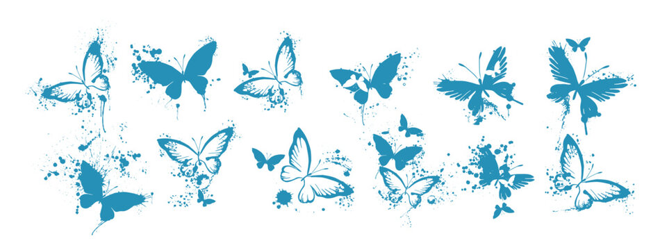 Silhouette of butterfly. Set of butterflies of different shapes. Monochrome blue vector illustration on white background.